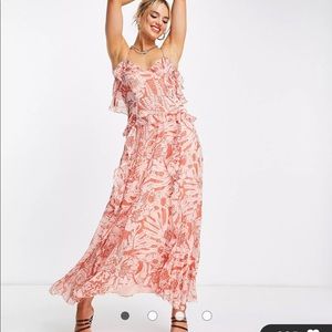 Pleated cross back cami dress with frills in floral print